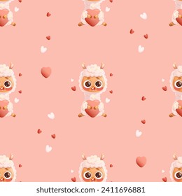 Romantic Seamless pattern. Llama cute alpaca with heart on pink background. Vector illustration valentine backdrop in cartoon style for design, wallpaper, packaging, textile.
