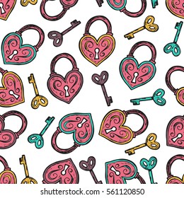 Romantic seamless pattern with locks and keys. Hand drawn vector background for prints, T-shirts. Design for wedding and valentine's day card.