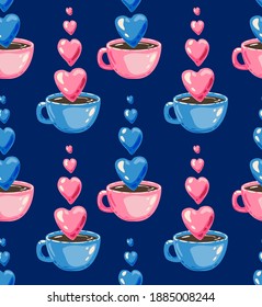 Romantic seamless pattern. Love background. Coffee, tea, love, heart, bubbles, balloon, sweet love. Cute print. Vector illustration. Pink and Blue coffee mug. Tea party.