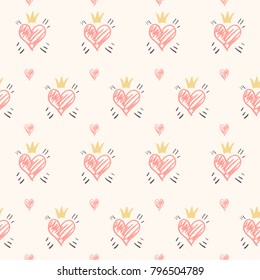 Romantic seamless pattern. Love background with hearts ann crown