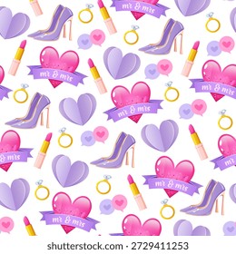 Romântico sem emenda padrão com ícones de amor, corações, anéis de casamento e elementos de beleza, namorados e casamento fundo para embalagem, têxtil, envoltório de presente e design de superfície.