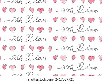 Romantic seamless pattern. With Love lettering and hand drawn hearts. Doodle outline Valentine's day, wedding, Mother's day illustration. Pattern for wallpaper, fabric, wrapping paper, social media