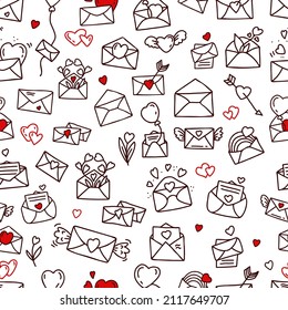 Romantic seamless pattern with love letters, envelopes with hearts and wings, rainbows, balloons and arrows on white background. Vector illustration in linear hand drawn doodle style