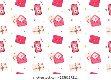Romantic seamless pattern with love letters, envelopes, and hearts on a white background
