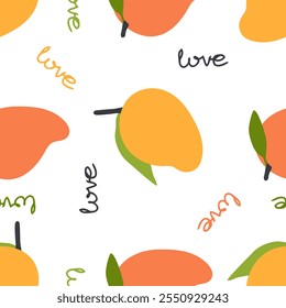 Romantic seamless pattern with mango fruits and text love. Perfect print for fabric, paper, textile. Hand drawn vector illustration.