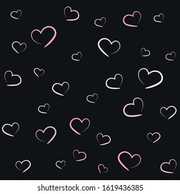 Romantic Seamless Pattern. Many Hand Drawn Hearts On Black Background. Endless Texture In Pink Colors.Vector Illustration. Love. Wedding Design. Object Collection For Valentine's Day. Be My Valentine