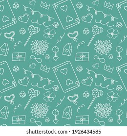 Romantic seamless pattern with many objects over green background 