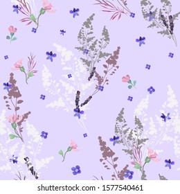 Romantic seamless pattern with many wildflowers on a light pink background with small blue flowers. Elements are randomly located. Vector for textile, wallpaper, tile.