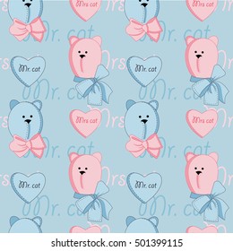 Romantic seamless pattern with Mr and Mrs cat. Cats in love cute seamless pattern