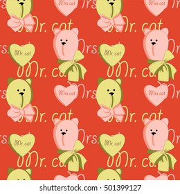 Romantic seamless pattern with Mr and Mrs cat. Cats in love cute seamless pattern