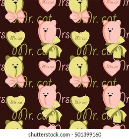 Romantic seamless pattern with Mr and Mrs cat. Cats in love cute seamless pattern