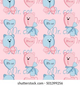 Romantic seamless pattern with Mr and Mrs cat. Cats in love cute seamless pattern