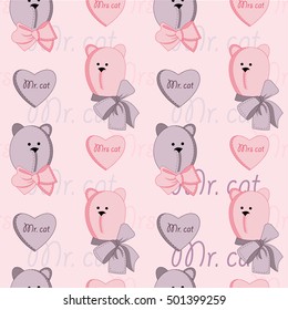 Romantic seamless pattern with Mr and Mrs cat. Cats in love cute seamless pattern