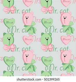 Romantic seamless pattern with Mr and Mrs cat. Cats in love cute seamless pattern