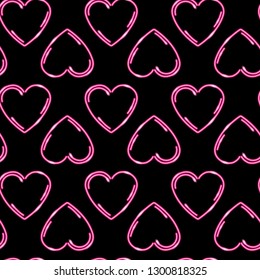 Romantic seamless pattern with neon pink hearts on black background. Valentines day concept. Vector 10 EPS illustration.