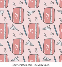 Patrón romántico sin fisuras con notas y corazones. Trato de fondo para el día de San Valentín. Impresión rosa para diseño, ilustración vectorial