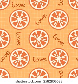 Romantic seamless pattern with orange slices and text love. Perfect for banner, textile, fabric, paper, label, sale. Hand drawn vector illustration.


