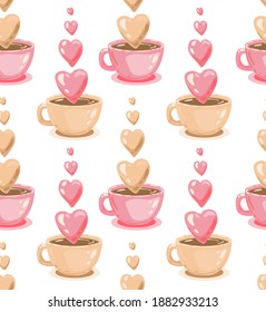 Romantic seamless pattern. Pastel background. Coffee, tea, love, heart, bubbles, balloon, sweet love. Cute print. Vector illustration. Pink coffee mug.