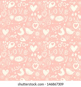 Romantic seamless pattern in pastel colors with birds, hearts and flowers.  Seamless pattern can be used for wallpaper, pattern fills, web page backgrounds, surface textures. Ideal for wedding designs