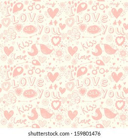 Patrón romántico sin fisuras en colores pastel con pájaros, corazones y flores. Se puede usar un patrón sin inconvenientes para papel de pared, rellenos de patrones, fondos de páginas web, texturas superficiales. Ideal para diseños de bodas