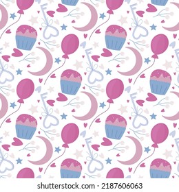 romantic seamless pattern pastel colors with balloons, cupcakes and simple colorful decor