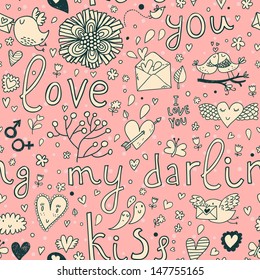 Romantic seamless pattern in pink colors with hearts, birds, envelopes and flowers. Seamless pattern can be used for wallpaper, pattern fills, web page backgrounds, surface textures. 