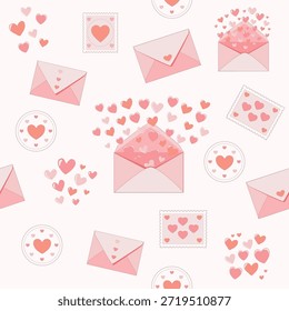 Patrón romántico sin fisuras con sobres rosas sellos de corazón y corazones voladores. Ideal para el día de San Valentín envolviendo fondos de papel tarjetas de felicitación papelería y diseños románticos.