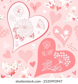 Romantic seamless pattern with pink flowers and hearts
