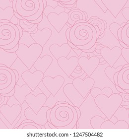 Romantic seamless pattern in pink with hand drawn elements, hearts and roses. Vector illustration in doodle style. For gift wrapping paper, textile design, valentine's day or wedding invitation.