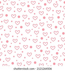 romantic seamless pattern with pink hearts and dots isolated on a white background. cute abstract print for fabric, wallpaper, postcards, wrapping paper, valentine's day design