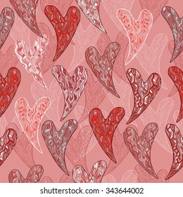 Romantic seamless pattern with pink and orange hearts designed in sea wave style. Great for Saint Valentine's Day cards and holiday design. Abstract background, wave theme pattern, vector ornament