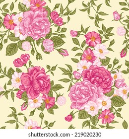 Romantic seamless pattern with pink roses on a light background. Vector illustration.