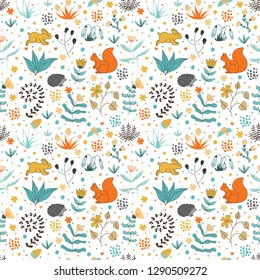 Romantic seamless pattern with rabbits, hedgehogs, squirrels and stylish flowers.