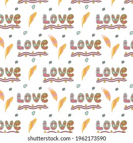 Romantic seamless pattern. Rainbowing lettering. Love and feather. Vector illustration