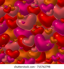 Romantic seamless pattern with red glass hearts. Good design for greeting card, wrapping paper or invitation. 