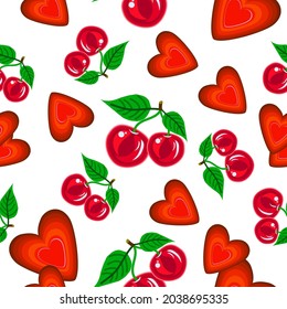 Romantic seamless pattern with a red heart and a cherry on a white background.THE VECTOR PATTERN CAN BE USED IN TEXTILES, PACKAGING.