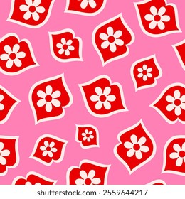 Romantic seamless pattern with red lips and white daisy flowers. Vector illustration.