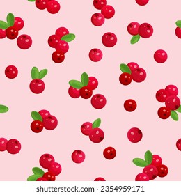 Romantic seamless pattern with red ripe cranberries. Repeating background with berries. Vector print.