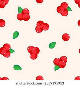 Romantic seamless pattern with red ripe cranberries. A repeating background with berries. Vector printing.