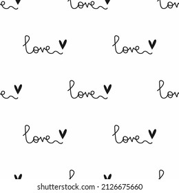 Romantic seamless pattern with repeating handwritten text Love and heart. Cute vector illustration.