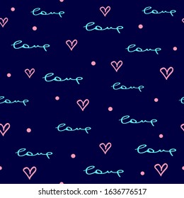 Romantic seamless pattern. Repeating polka dots, text Love,  hearts drawn by hand. Bright cute print. Doodle, sketch. Vector illustration.