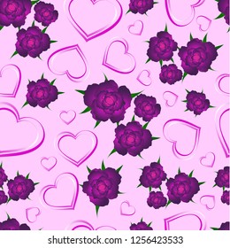 Romantic seamless pattern with rose buds and a heart on a light background. Arranged in random order. For printing on fabric cover. Vector illustration in retro style.
