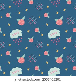 Romantic seamless pattern with roses, hearts, and stars on blue background.