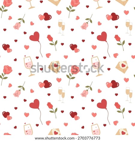 Romantic seamless pattern with roses, hearts, wine glasses, balloons, and love letters on a clean white background. Ideal for Valentine’s Day wrapping paper, textiles, stationery, and festive decor