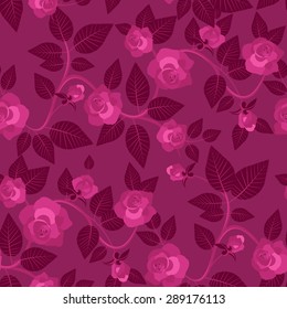 Romantic seamless pattern with roses and leaves. Repeatable background in rich pink and purple colors. Ornament with flowers. Endless floral texture. Vector file is EPS8.