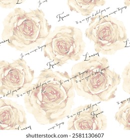 Romantic seamless pattern with roses and lettering in French.