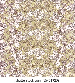 Romantic seamless pattern with roses. Rose flowers endless background. Can be used for cards, invitations, fabrics, wallpapers, ornamental template for design and decoration.