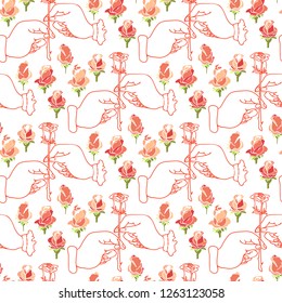 Romantic seamless pattern with roses, two hands and flower for valentines day card or save the date card. Vector illustration isolated on white.