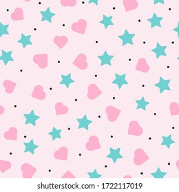 Romantic seamless pattern with scattered hearts, stars and round spots. Cute endless print. Flat girly vector illustration.