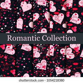 Romantic seamless pattern set. Love background with hearts, berries and lips. Elements of grunge style. Vector illustration